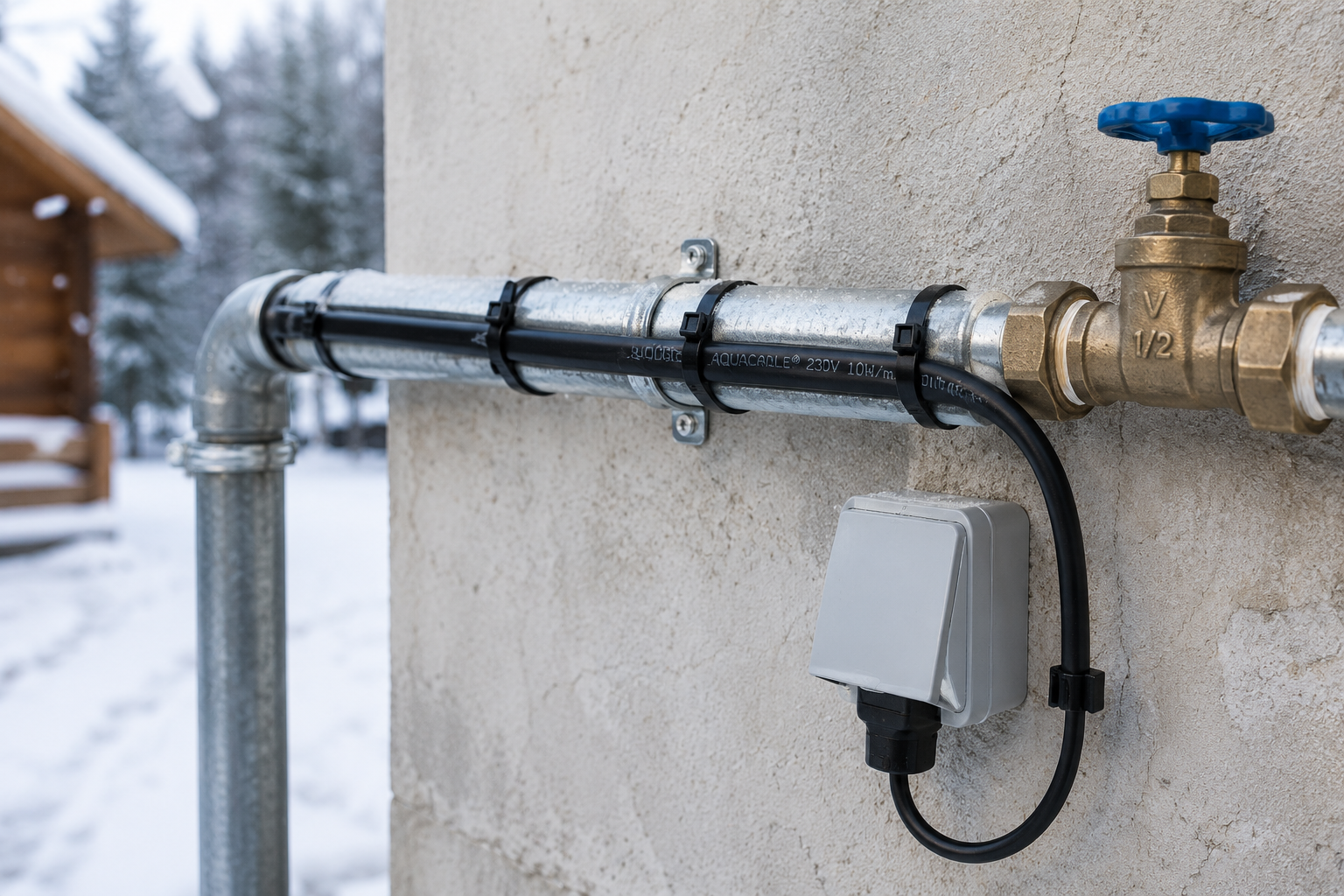 Câble chauffant AQUACABLE avec thermostat intégré installé sur une canalisation pour la protection contre le gel