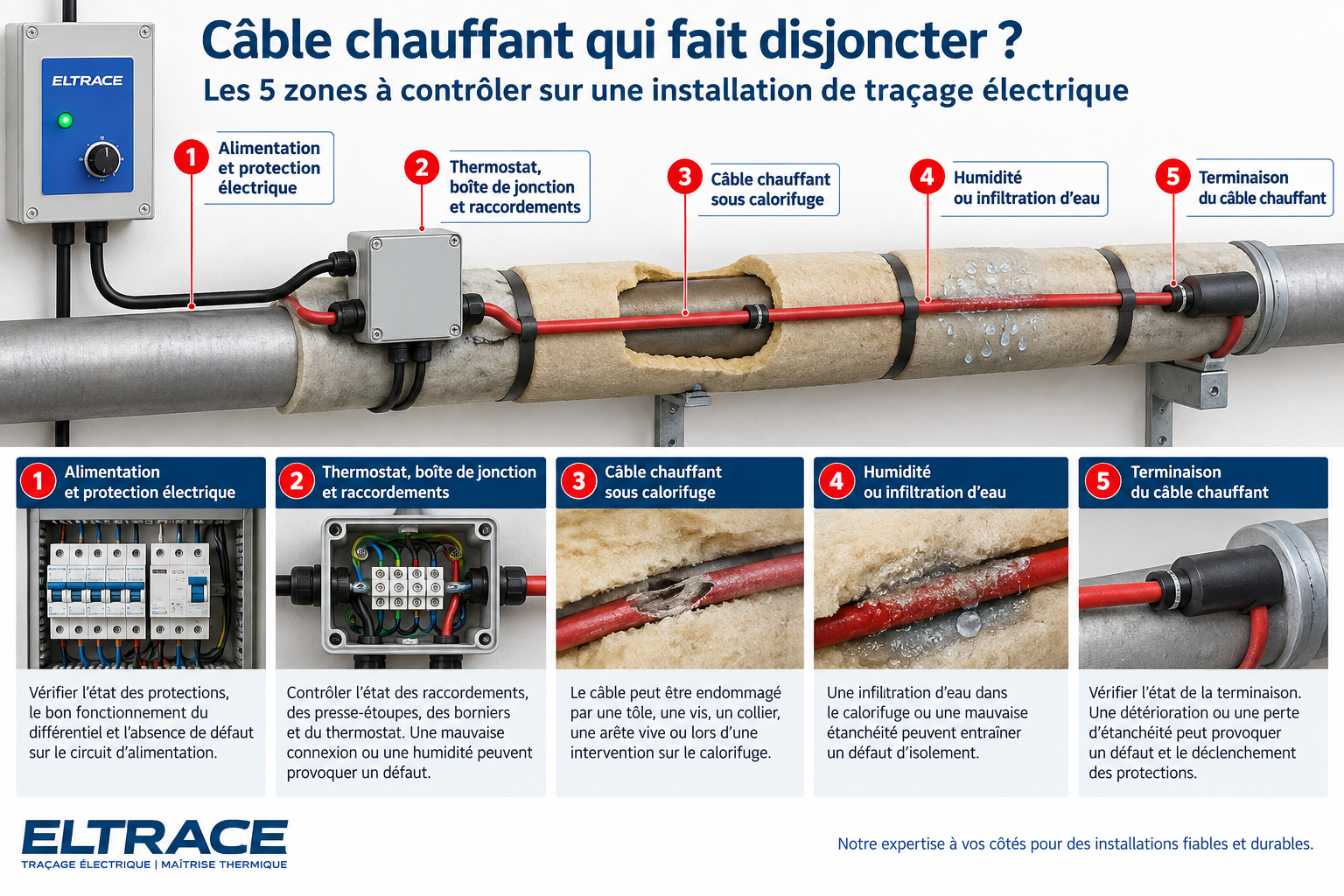 Diagnostic d'un câble chauffant qui fait disjoncter : 5 zones à contrôler sur une installation de traçage électrique