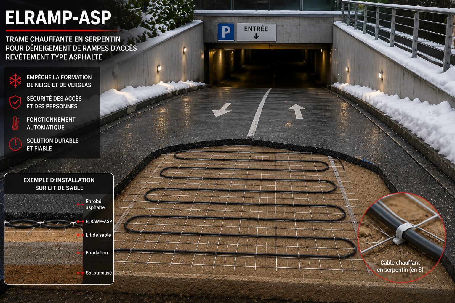 Trame chauffante ELRAMP-ASP installée sous un revêtement en asphalte pour le déneigement des rampes d'accès et parkings