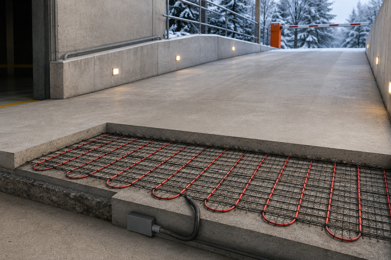Trame chauffante ELRAMP installée sous une rampe d'accès et un escalier extérieurs en béton pour empêcher la formation de neige et de verglas